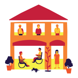 Illustrations of a house with people standing at the window